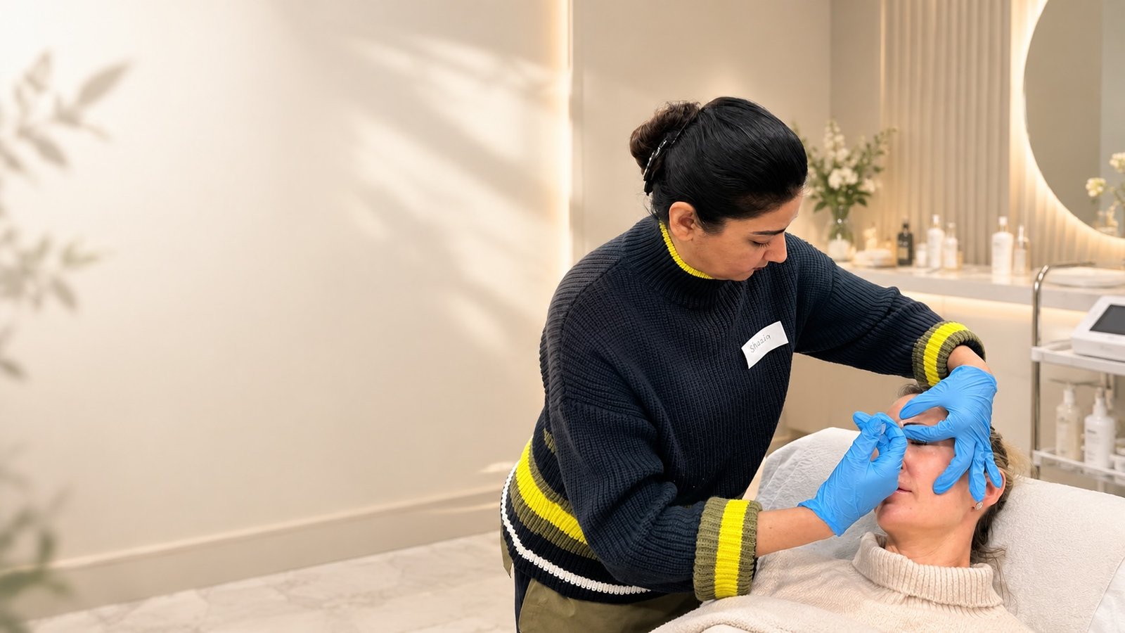 Client receiving a calming facial treatment at Aesthetic With Dignity